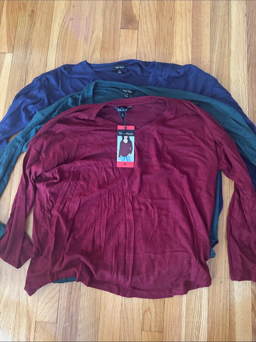 Well Worn Long Sleeve Tee Bundle in Burgundy, Teal, and Navy